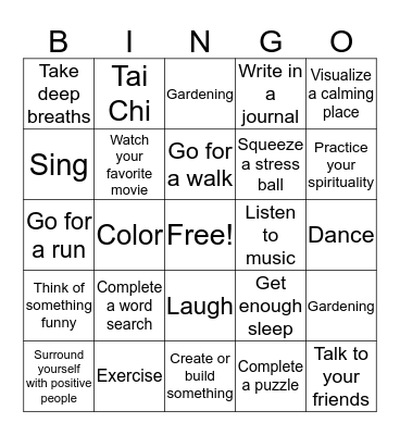 Coping Skills Bingo Card