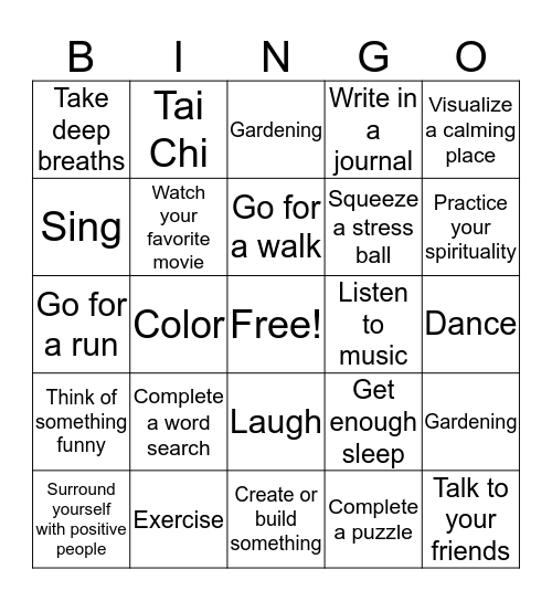 Coping Skills Bingo Card