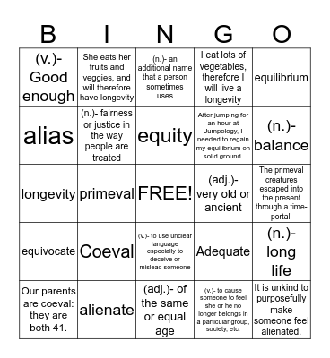 Vocabulary Week 11 Bingo Card