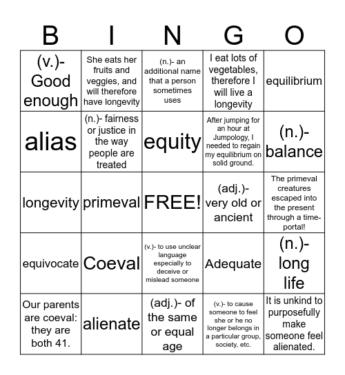 Vocabulary Week 11 Bingo Card