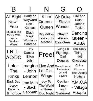 70's Music Bingo Card