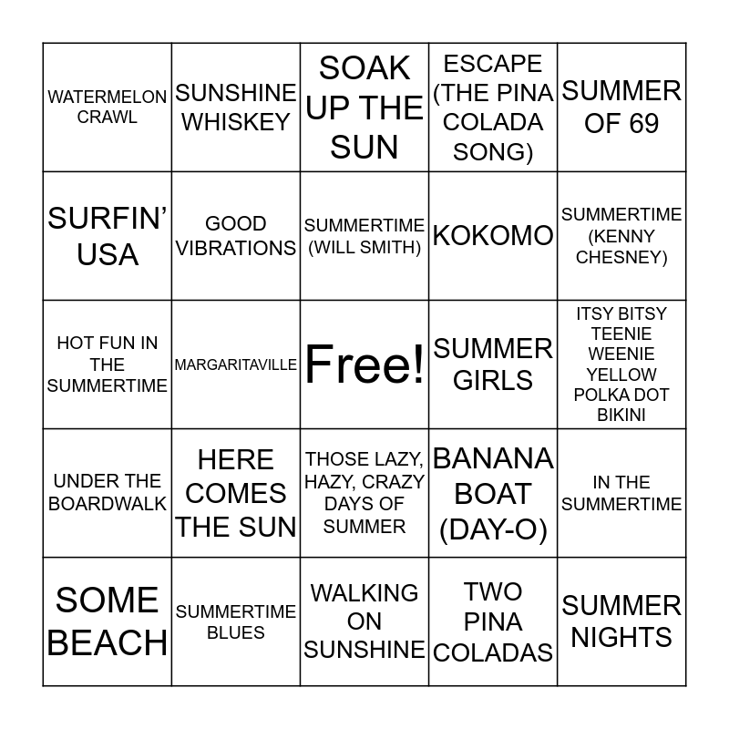 SUMMER SONGS Bingo Card