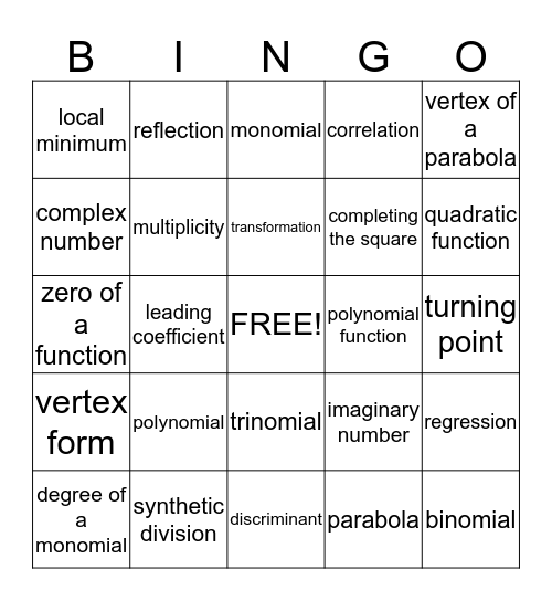 Algebra 2 Vocabulary Bingo Card