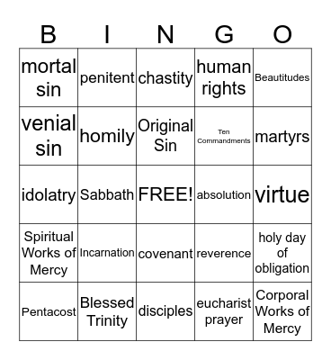 4th Grade Religious Education Bingo Card