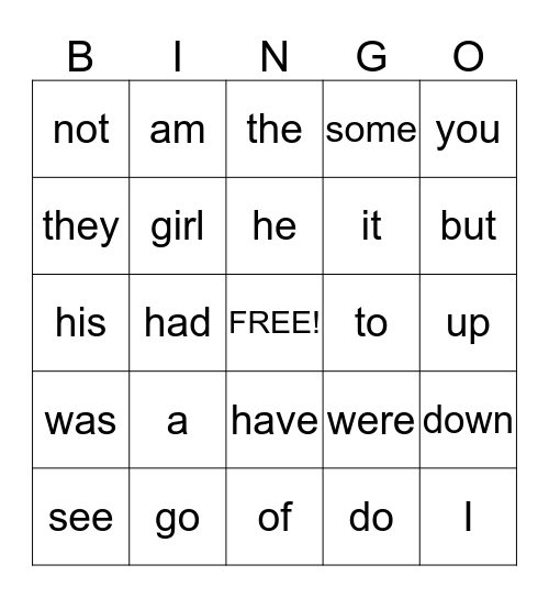 kinderarten Sight Word Bingo Card