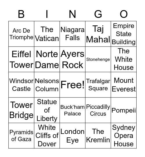 Famous Places Bingo Card