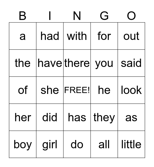 Kindergarten Sight Word Bingo Card