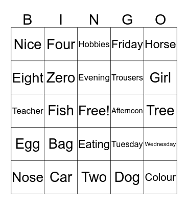 English Bingo Card