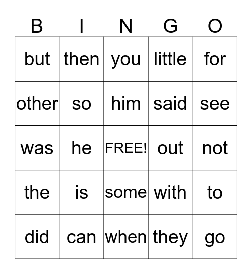 KindergartSight Word Bingo Card