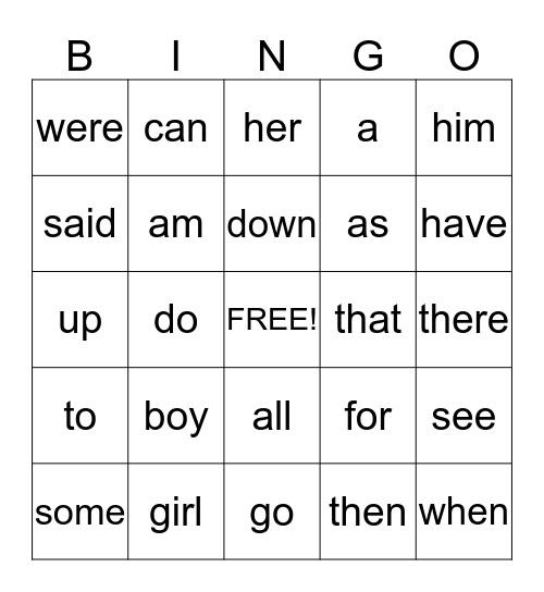 Kindergarten Sight Word Bingo Card