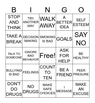 Too Good For Drugs Bingo Card
