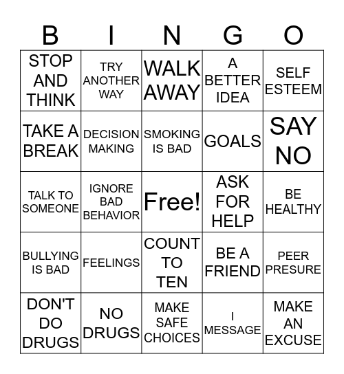 Too Good For Drugs Bingo Card