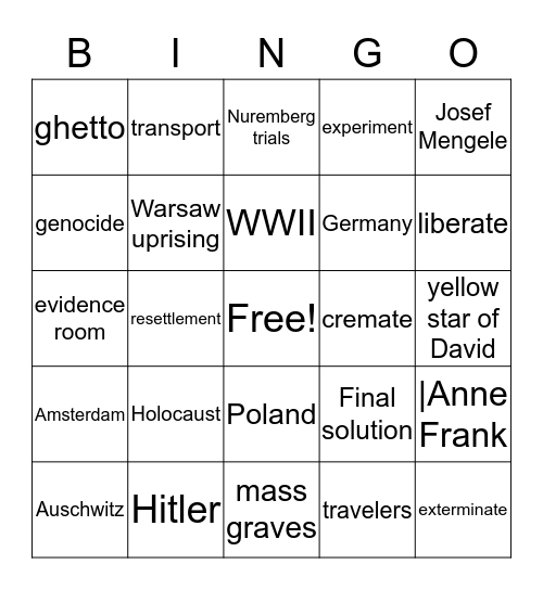 Jewish Holocaust Bingo Card