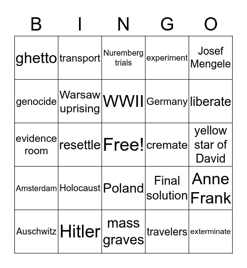 Jewish Holocaust Bingo Card