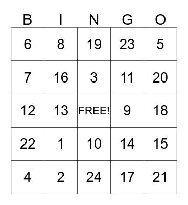 Number Bingo Card