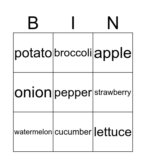 FRUITS AND VEGETABLES Bingo Card