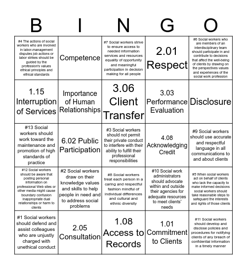 Social Work Ethics Bingo Card