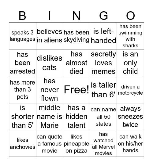 Intern Bingo Card