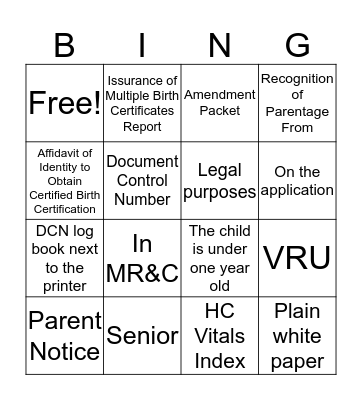 Birth/Death Bingo Card