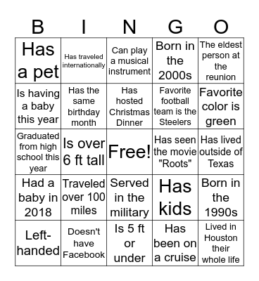 Davis/Green/Brown Family Reunion Bingo Card