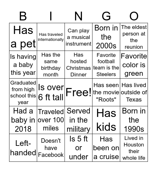 Davis/Green/Brown Family Reunion Bingo Card