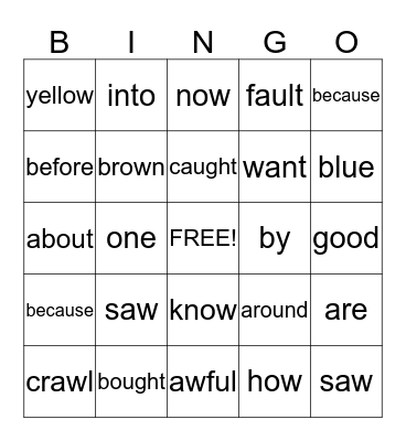 Sight Words Bingo Card