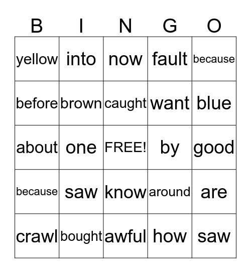 Sight Words Bingo Card