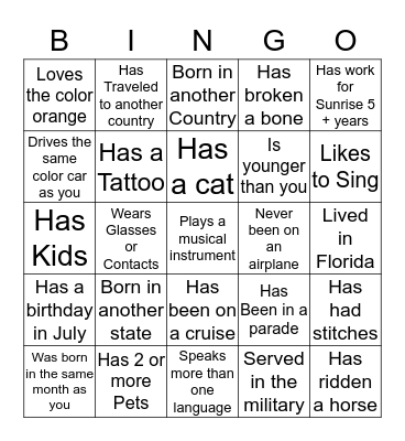 Sunrise People Bingo Card