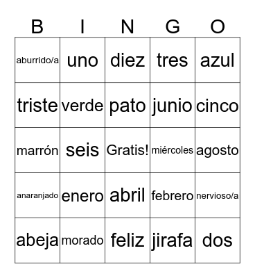Spanish Bingo  Bingo Card