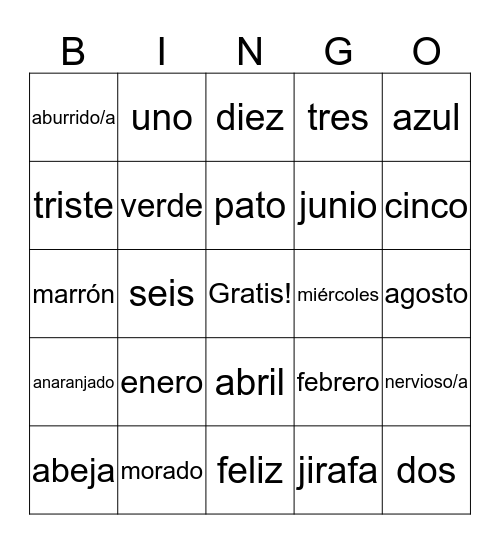 Spanish Bingo  Bingo Card