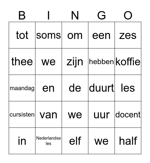 De Nederlandse les Bingo Card