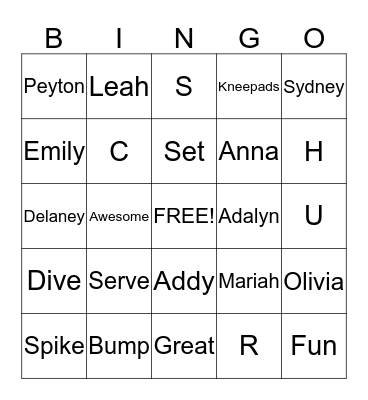 Volleyball BINGO Card