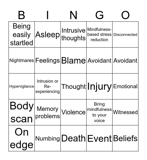 PTSD SYMPTOM CLUSTERS BINGO Card