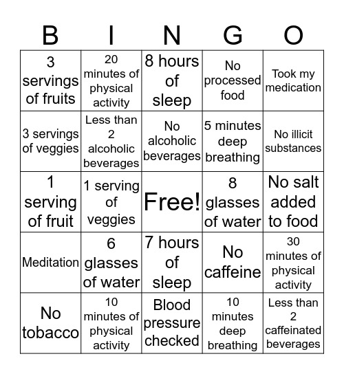 Wellness Bingo Card