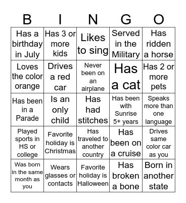 SUNRISE PEOPLE BINGO Card