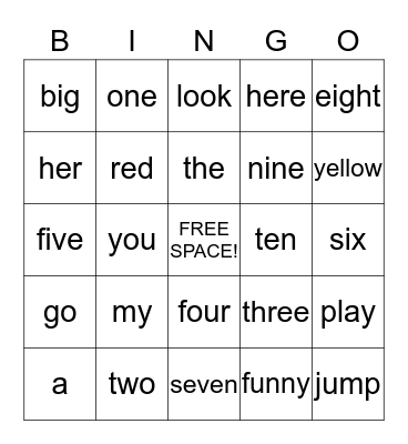 Sight Words Bingo Card