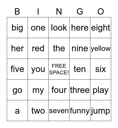 Sight Words Bingo Card