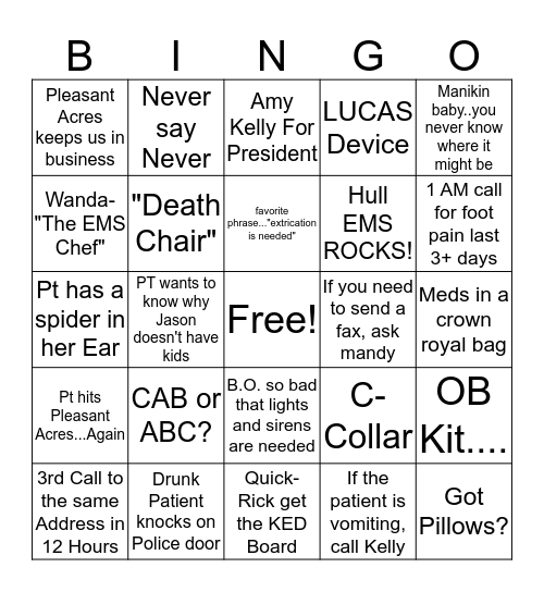 Hull EMS Bingo Card