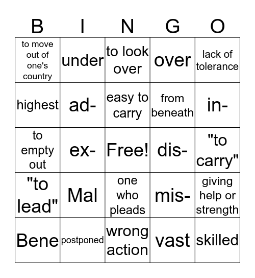 Vocabulary and Spelling Bingo Card