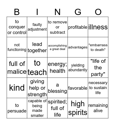 Vocabulary Bingo Card