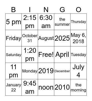 Time Prepositions Bingo Card