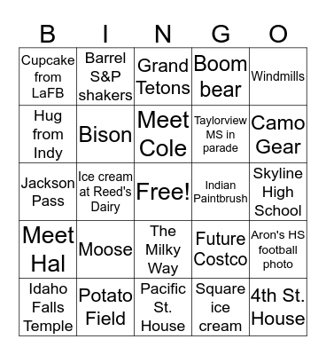 Idaho Trip Bingo Card