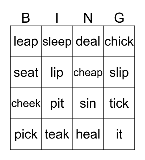 /i/ and /ee/ Bingo Card