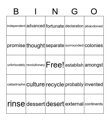 Word Bingo Card