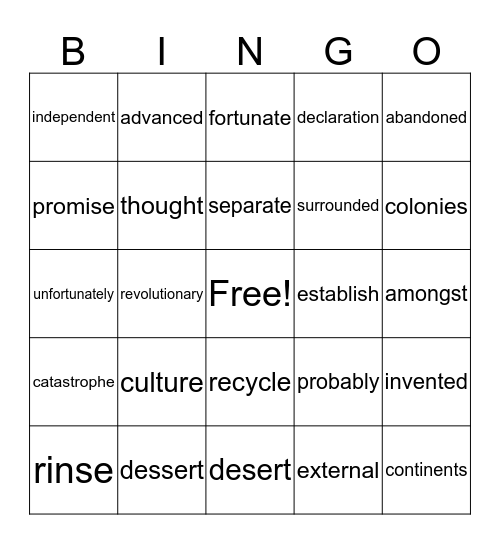 Word Bingo Card