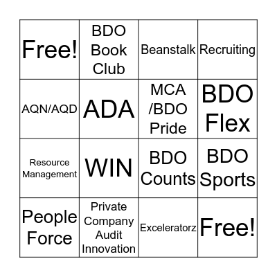 BDO Get Involved Fair Bingo Card