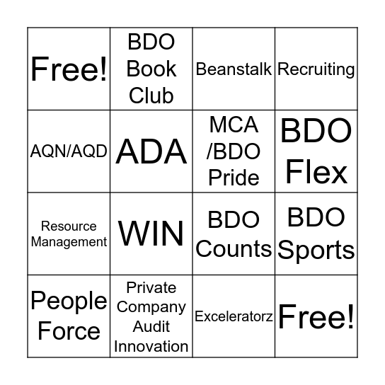 BDO Get Involved Fair Bingo Card