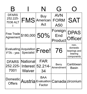Buy American Act & Other Foreign Acq. Issues Bingo Card