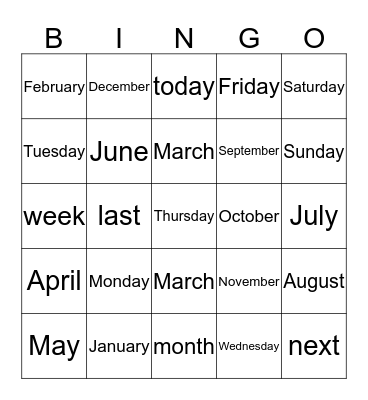 Months & Days Bingo Card