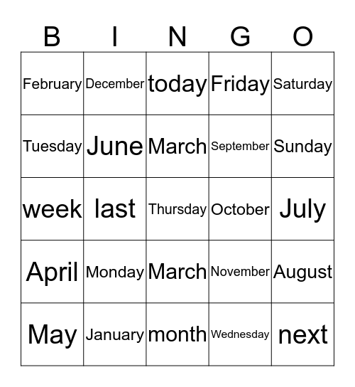 Months & Days Bingo Card